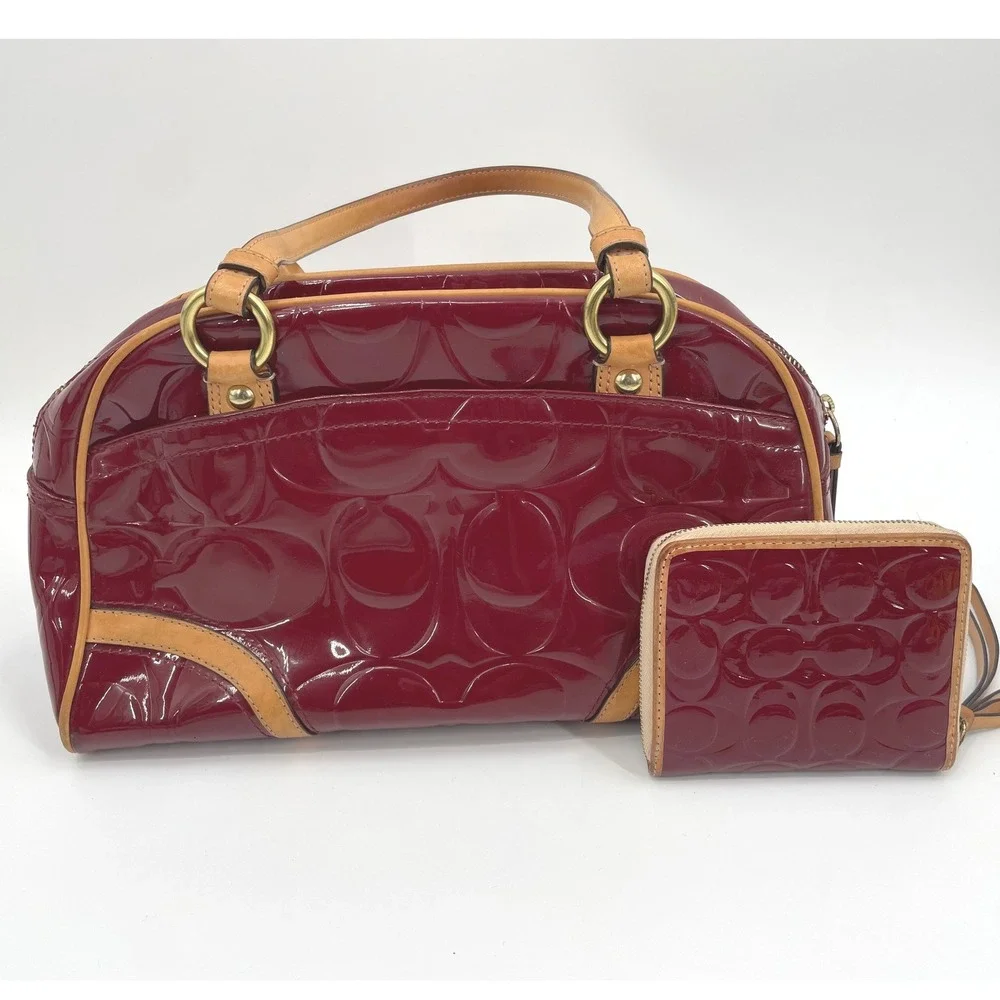 Coach Satchel Bag Women Medium Red Patent Leather Signature C Set Wallet Vintage